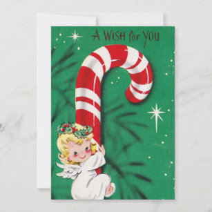 Vintager Angel Holend auf einer Candy Cane Feiertagskarte