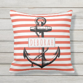 Vintager Anker auf korallengestreiftem Muster naut Kissen