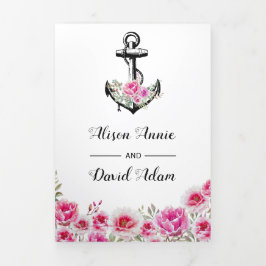 Vintager Anker Rosa Blume Seehöhe Dreifach Gefaltete Einladung