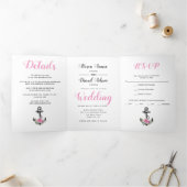 Vintager Anker Rosa Blume Seehöhe Dreifach Gefaltete Einladung (Innenseite)