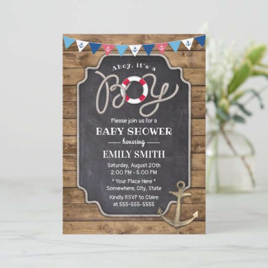 Vintager Anker Rustikale Kinderdusche Einladung (Stehend Vorderseite)