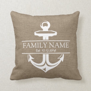 Vintager Anker-rustikaler Leinwand-Familienname Kissen