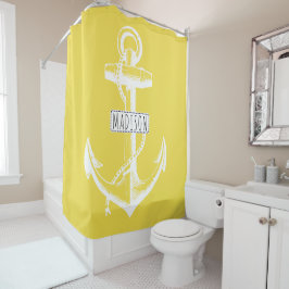 Vintager Anker und Name auf gelber See Duschvorhang