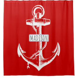 Vintager Anker und Name auf roter See Duschvorhang