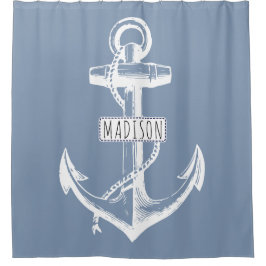 Vintager Anker und Name auf staubblauer See Duschvorhang