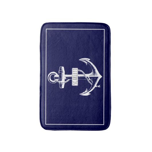 Vintager Ankerrahmen mit navesenblauem nautischen Badematte (Vorderseite Vertikal)