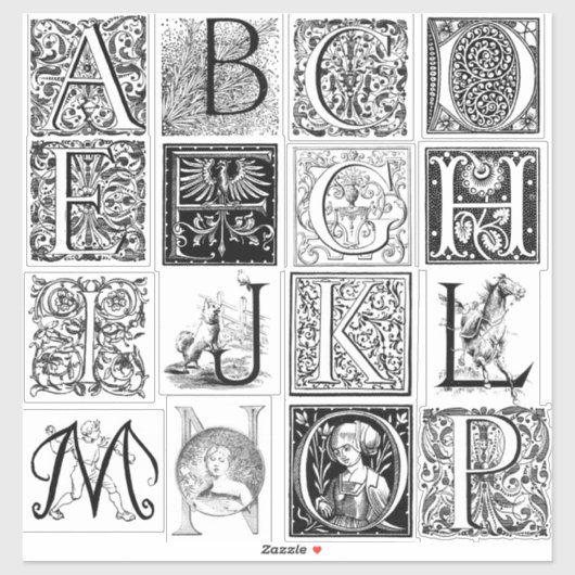 Vintager antiker Alphabet-Etching-Illustrationstyp Aufkleber (Blatt)