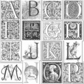 Vintager antiker Alphabet-Etching-Illustrationstyp Aufkleber (Vorderseite)
