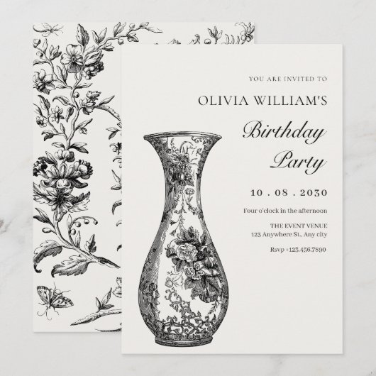 Vintager antiker Vase Geburtstag Einladung (Vorne/Hinten)
