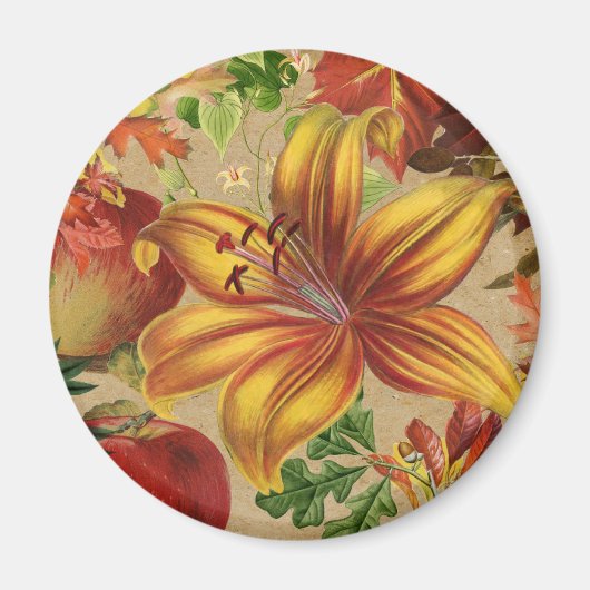 VINTAGER APPLE und BLÄTTER COLLAGE ROUND MAGNET (Vorne)