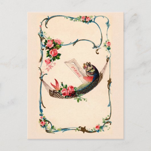 Vintager April Fisch in einer Hängematte, Aprilsch Postkarte (Vorderseite)