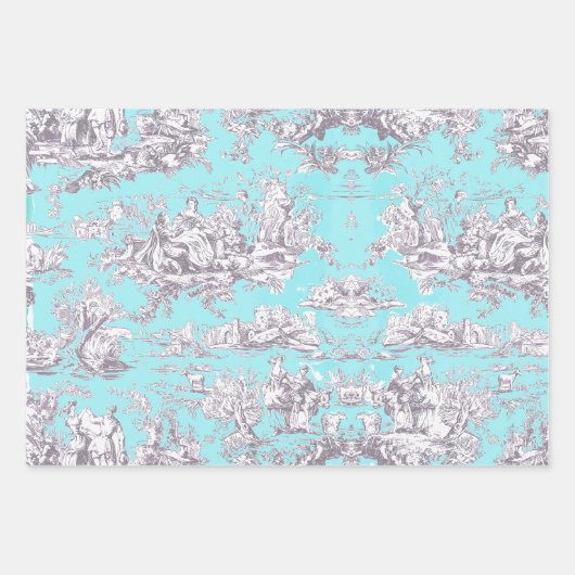 Vintager Aqua-Blauer Jouy Geschenkpapier Set (Vorderseite)
