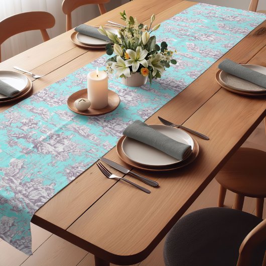 Vintager Aqua-Blauer Jouy Kurzer Tischläufer