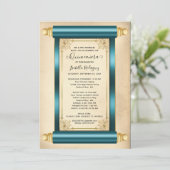 Vintager Aquamariner Goldscroll Einladung (Stehend Vorderseite)