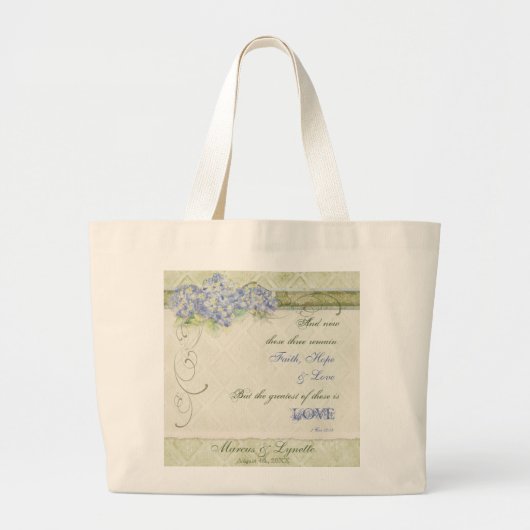 Vintager Artblauer Hydrangea-Blumenstrudel-Damast Jumbo Stoffbeutel (Vorne)