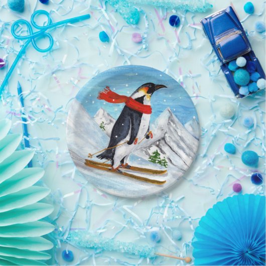 Vintager Artpenguin-Abfahrtskilauf Pappteller (Party)
