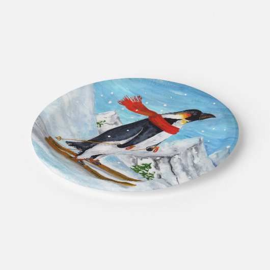 Vintager Artpenguin-Abfahrtskilauf Pappteller (Schrägansicht)