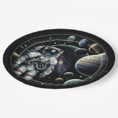 Vintager Astronaut und Planeten Pappteller (Schrägansicht)