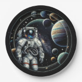 Vintager Astronaut und Planeten Pappteller (Vorderseite)
