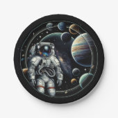 Vintager Astronaut und Planeten Pappteller (Vorderseite)