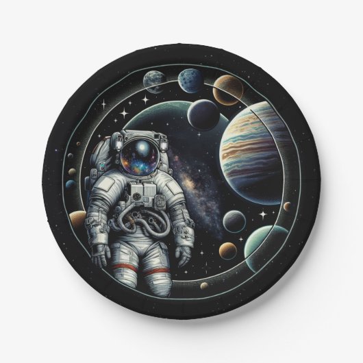 Vintager Astronaut und Planeten Pappteller (Vorderseite)