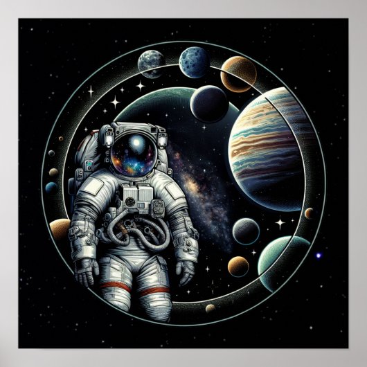 Vintager Astronaut und Planeten Poster (Vorne)