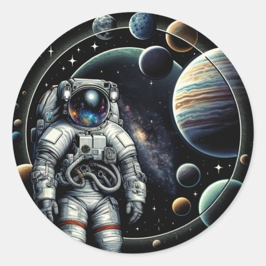 Vintager Astronaut und Planeten Runder Aufkleber (Vorderseite)