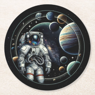 Vintager Astronaut und Planeten Runder Pappuntersetzer