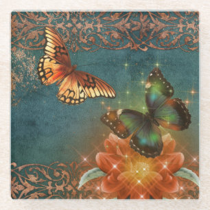 Vintager ätherischer Orangenschmetterling auf Aqua Glasuntersetzer