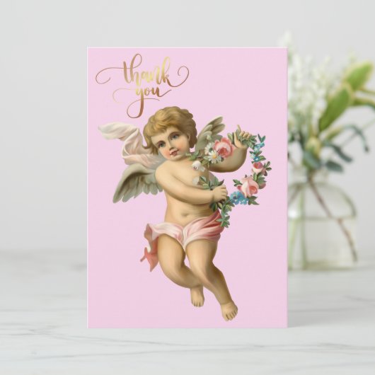 Vintager Baby-Cherub mit Blume Dankeskarte (Stehend Vorderseite)