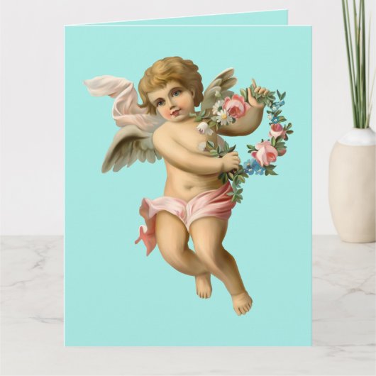 Vintager Baby-Cherub mit Blume Karte (Vorderseite)