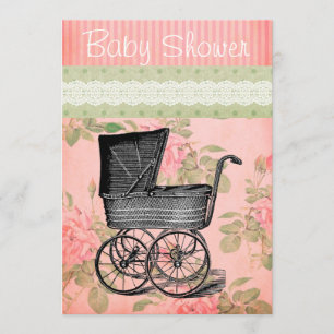 Vintager Baby-Duschen-Einladungs-Wagen mit Blumen Einladung