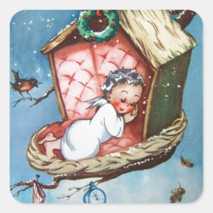 Vintager Baby-Engel im Vogelnest Quadratischer Aufkleber