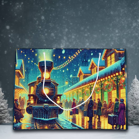 Vintager Bahnhof am Heiligabend Schneeabend Große Geschenktüte