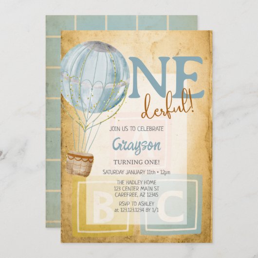 Vintager Ballon 1. Geburtstag Einladung (Vorne/Hinten)
