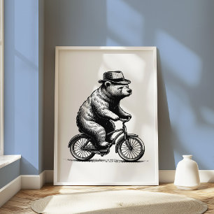 Vintager Bär auf dem Fahrrad Whimsical Black and W Poster