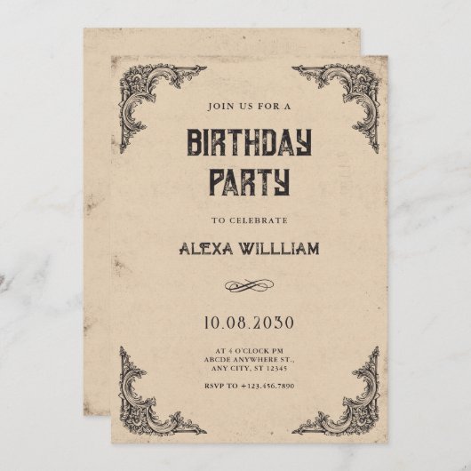 Vintager barocker Geburtstag Einladung (Vorne/Hinten)