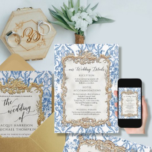 Vintager barocker Rokoko Blau Weiße Blumendetails Einladung