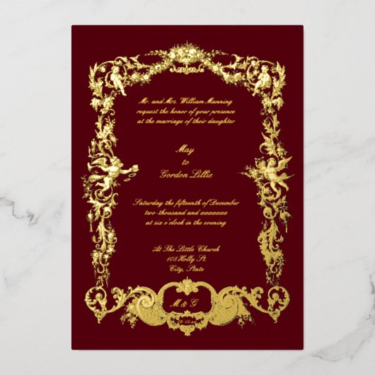 Vintager barocker Rokoko Blumengarten & Cherubs Folieneinladung (Vorderseite)