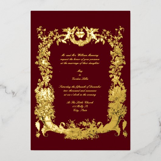 Vintager barocker Rokoko Goldene Grenze mit Herz Folieneinladung (Vorderseite)