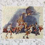 Vintager Basketball, Spieler im Spiel Puzzle<br><div class="desc">Vintage Illustrationssportmannschaften entwerfen ein Basketballteam,  das ein lustiges Hoop-Spiel spielt,  bei dem ein Spieler mit einem Ball auf dem Basket fotografiert und mit einem Slam-Dunk abgespielt wird. Jetzt kannst du so tun,  als ob du ein Spieler in deiner Lieblings-Schule oder in deinem beruflichen Team bist!</div>