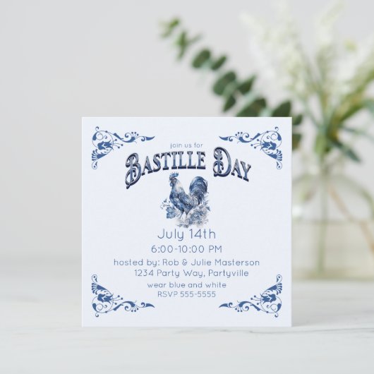 Vintager Bastille Day Rooster Einladung (Stehend Vorderseite)