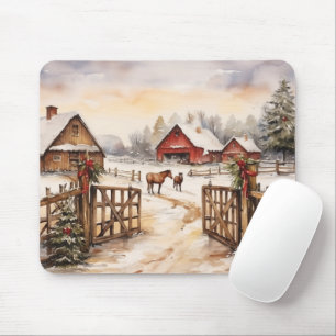 Vintager Bauernhof mit Pferden im Winter Mousepad