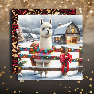 Vintager Bauernhof und Niedlicher Lama Weihnachten Karte