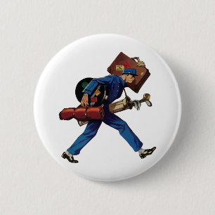 Vintager Bellhop in Uniform, Suitcase und Golf Clu Button