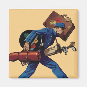 Vintager Bellhop in Uniform, Suitcase und Golf Clu Magnet