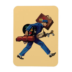 Vintager Bellhop in Uniform, Suitcase und Golf Clu Magnet