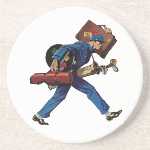 Vintager Bellhop in Uniform, Suitcase und Golf Clu Sandstein Untersetzer
