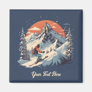 Vintager Bergpin Skifahren orange Sonnenuntergang Magnet