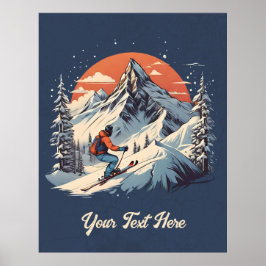 Vintager Bergpin Skifahren orange Sonnenuntergang Poster